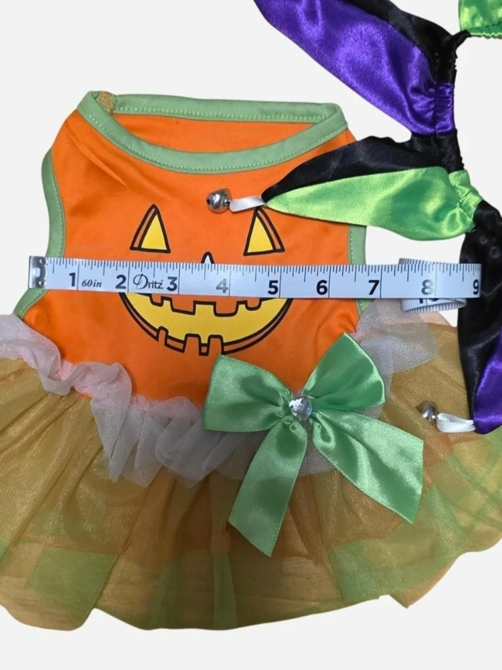 Pet Costume Orange & Green Tutu, Jack-O-Lantern, Jester Collar w/Bells Cat Dog